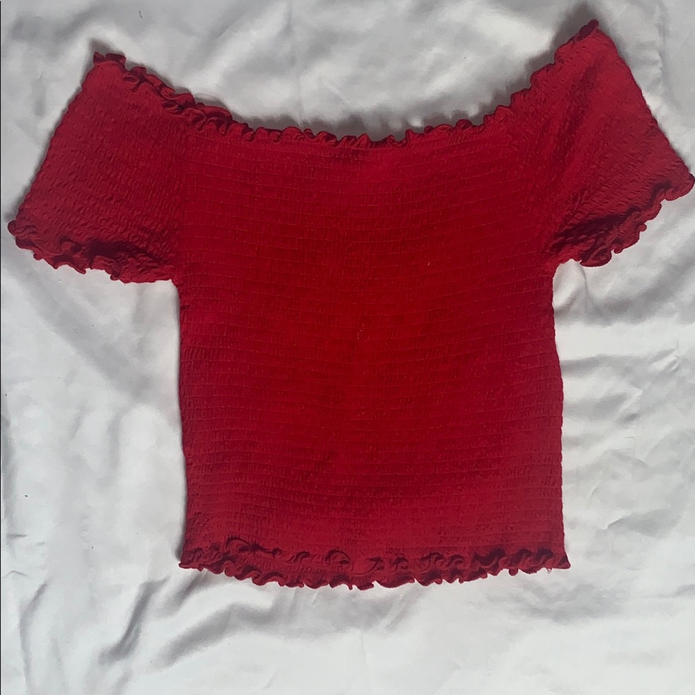 Strapless red top.